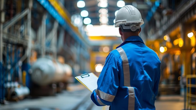 an engineer in a blue uniform with a safety helmet is inspecting a petrochemical plant with a clipboard in hand surrounded by intricate metal structures and pipelines