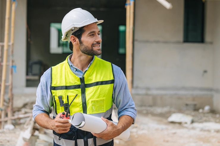 Фотография инженер-строитель happy foreman работает на строительной площадке, профессиональный рабочий, проектировщик, лидер концепции