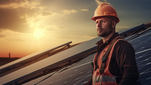 Engineer builder stands on the background of solar panels