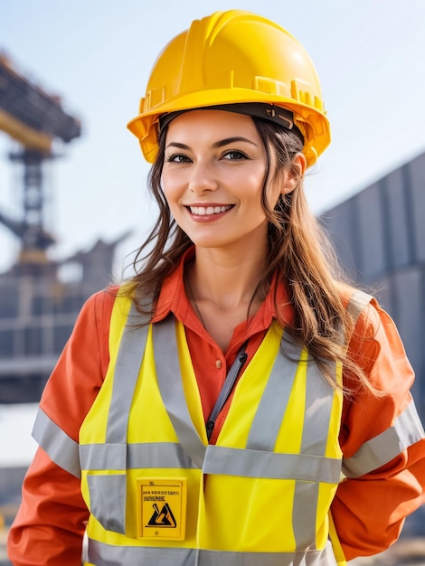 Engineer builder woman in uniform waistcoat and orange protective helmet against new building Prope