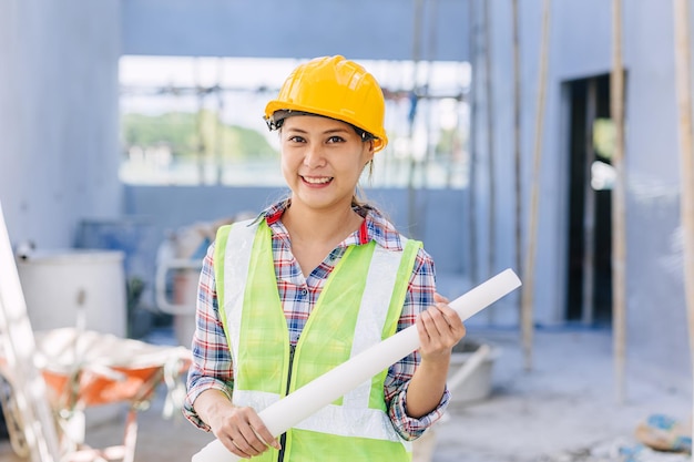 Engineer builder woman worker foreman Portrait Asian girl architect home designer with floor plan