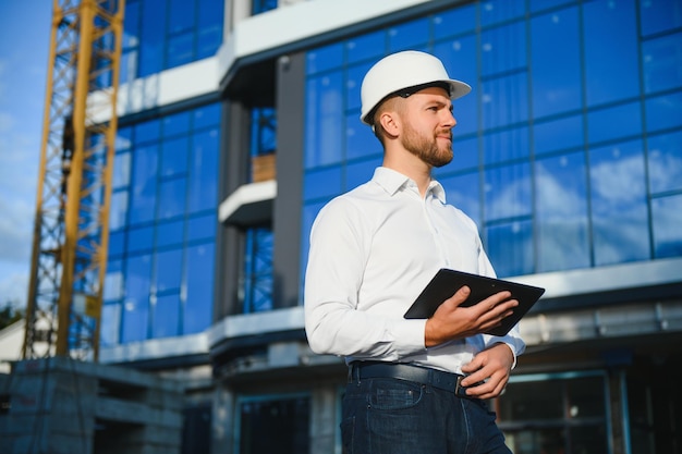 Engineer next to building cranes. Concept - large construction project. Architect directs the construction process. Drawings and tablet in the hands.