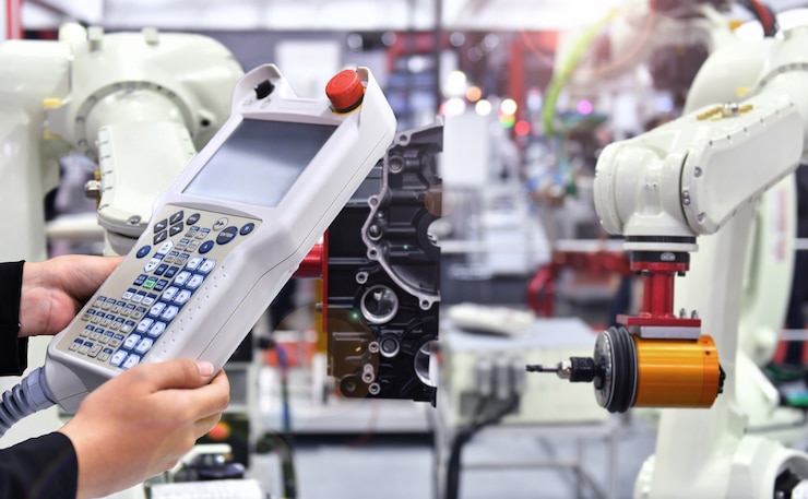 Photo エンジニアのチェックと制御の自動化工場の最新のロボットマシンビジョンシステム、industry robot。