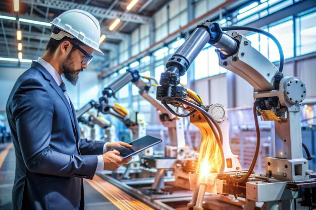 Photo engineer check and control welding robotics automatic arms machine in intelligent factory automotive industrial