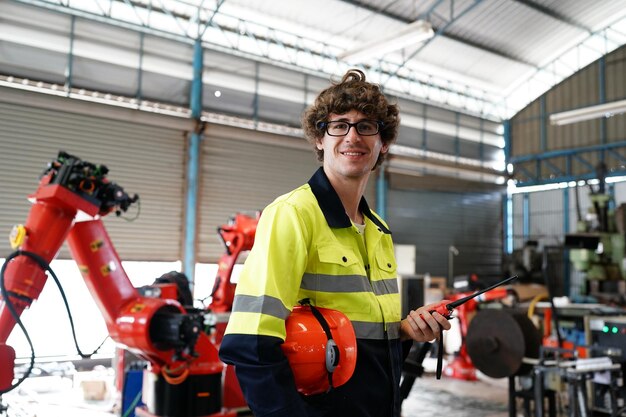 Engineer checking control panel and teaching new automatics\
robot arm and operating control machine in factory