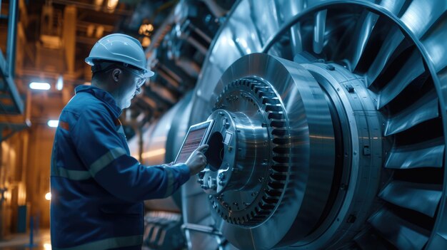 Photo engineer checking machine in factory while use laptop to repair machine aig