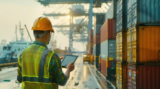 Engineer checks cargo on ship with digital tablet