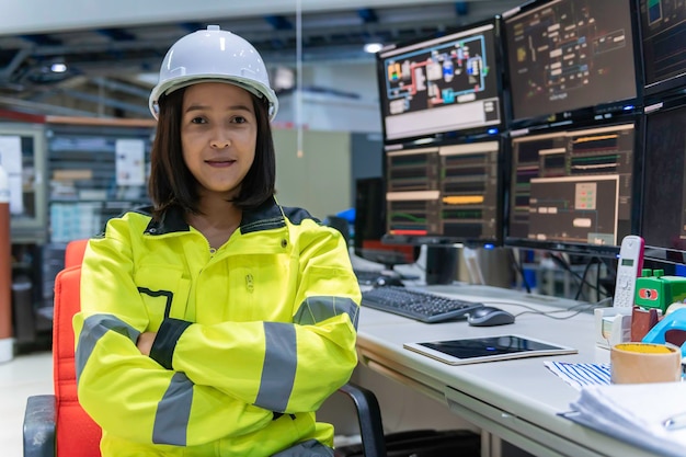 Engineer computer worker on Highperformance computers with a lot of monitor in large factoryControl the operation of large machinesWrite a program to run the robotProgrammer working with serious