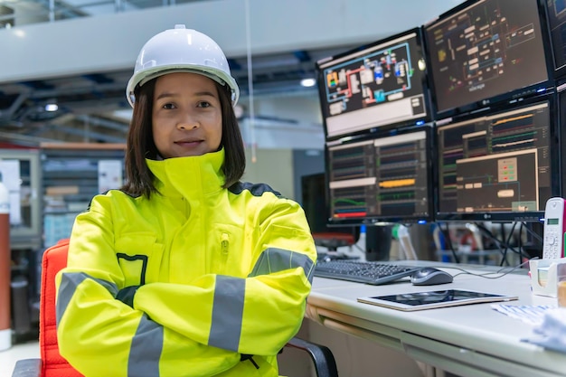 Engineer computer worker on Highperformance computers with a lot of monitor in large factoryControl the operation of large machinesWrite a program to run the robotProgrammer working with serious