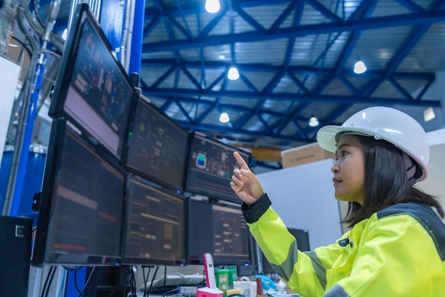 Engineer computer worker on Highperformance computers with a lot of monitor in large factoryControl the operation of large machinesWrite a program to run the robotProgrammer working with serious