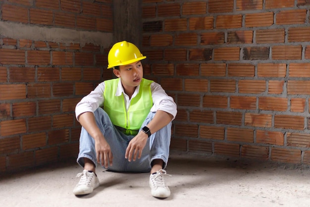 Foto concetto di ingegnere il costruttore seduto all'angolo dell'edificio con la faccia preoccupata e lo sguardo fisso