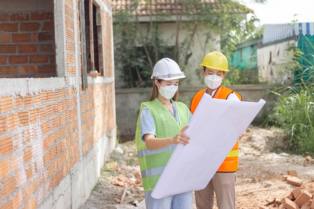 Engineer concept the two building directors with a helmet and a\
mask standing beside the building