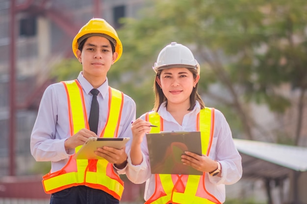 Engineer Construction concept, Asian engineer construction teamwork standing  on site construction