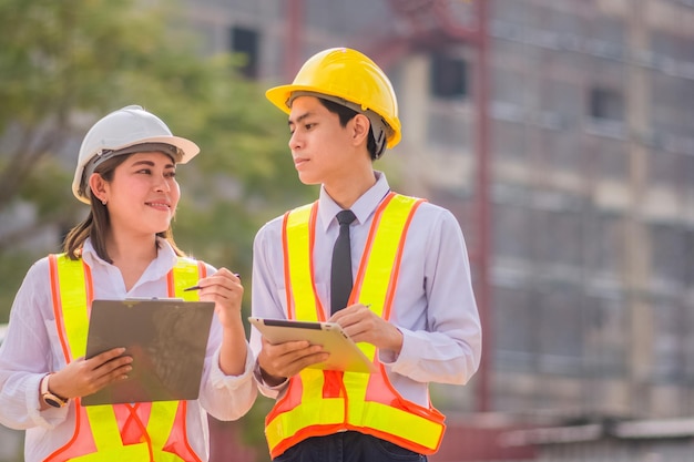 Engineer Construction concept, Asian engineer construction teamwork standing  on site construction