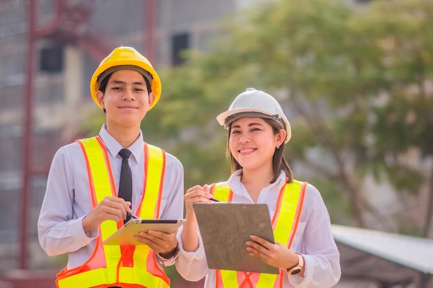 Engineer Construction concept, Asian engineer construction teamwork standing  on site construction