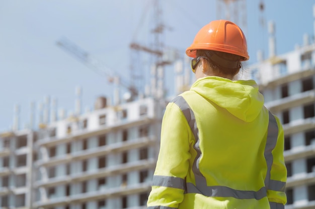 Un ingegnere con una felpa da cantiere e un elmetto in piedi con la schiena nel telaio