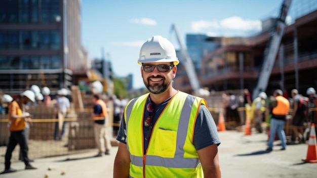 engineer in a construction site wearing a yellow hard hat and smiling