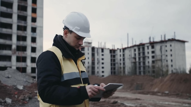 建設現場で白いヘルメットをかぶったエンジニアが手に人工知能が生成したタブレットを持っています