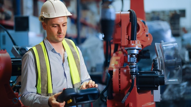 Engineer control robotic arms Male engineer specialist holding remote control controlling industrial machine in the factory Engineer manager working in the industrial manufacturing