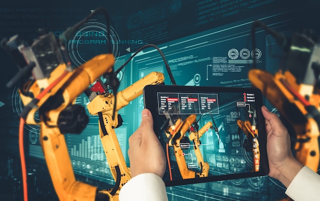 Engineer controls robotic arms by augmented reality industry technology