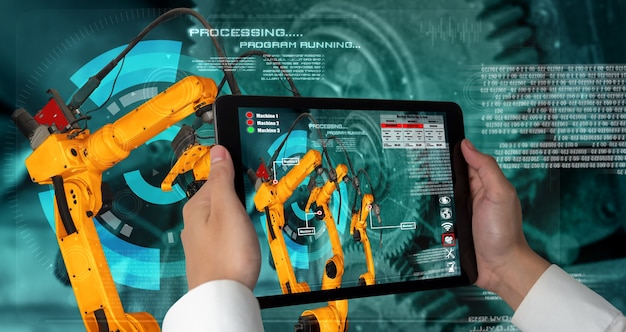 Engineer controls robotic arms by augmented reality industry technology