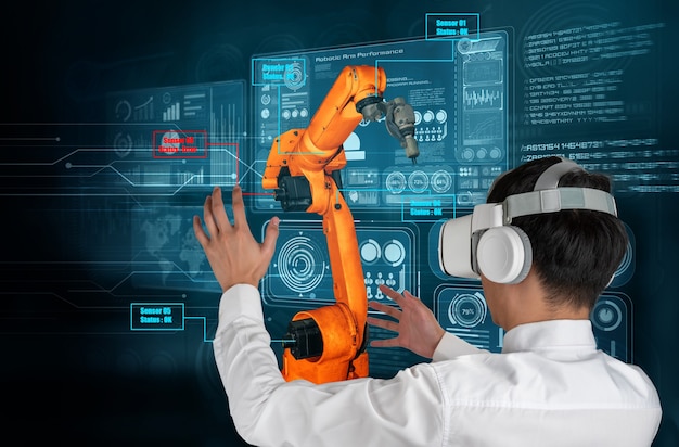 Engineer controls robotic arms by augmented reality industry technology