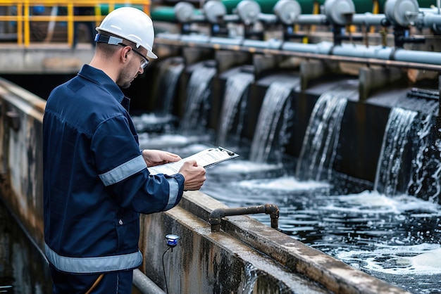 An engineer examines a hydroelectric dam energy storage infrastructure harnessing water to produce c