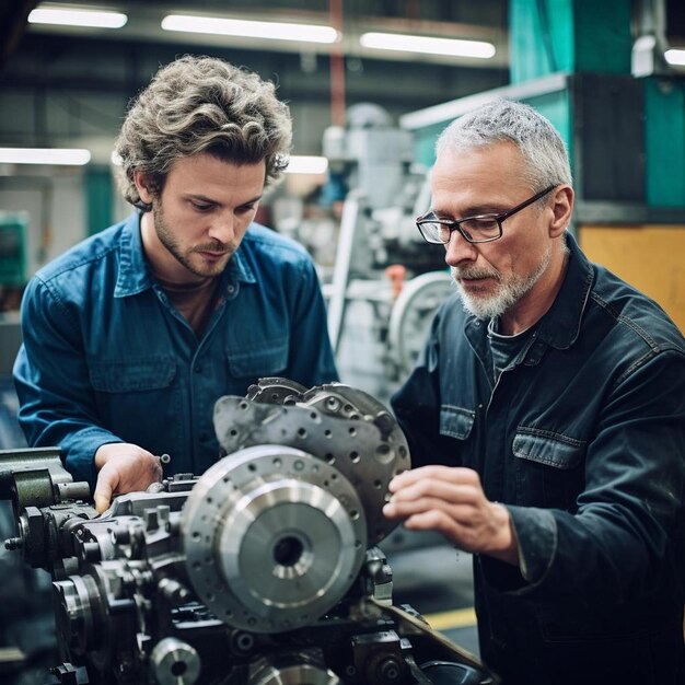 engineer explaining machine part to colleague in industry