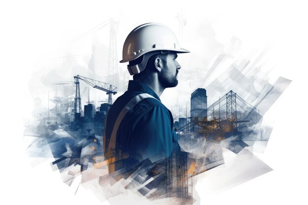 engineer or foreman on background of construction site double exposure concept