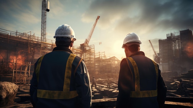 Engineer and foreman working on a construction site at sunset Generative AI