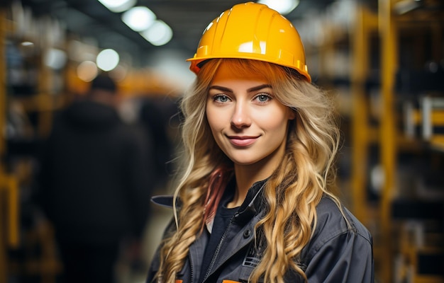 Инженер из завода носит шлем для защиты Женщина-технолог стоит за размытой фабрикой