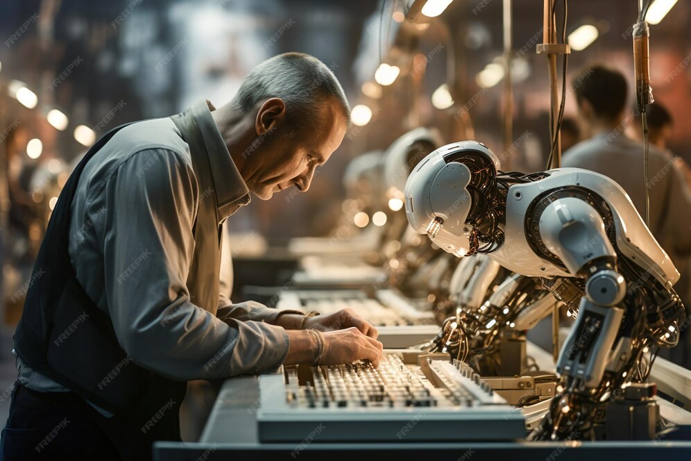 Premium Photo | Engineer in front of a computer and programming robots ...