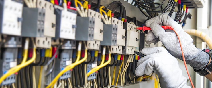 Photo 電流電圧をチェックする電流電圧計を握るエンジニアの手