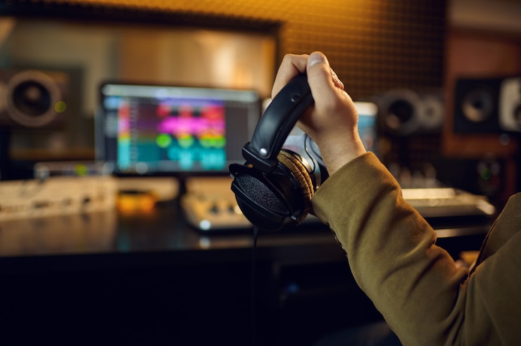 Photo engineer hand holds headphones, recording studio