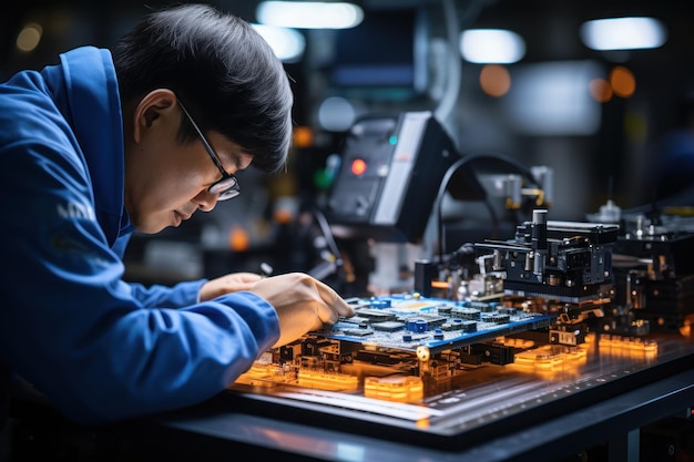 Engineer hand holds soldering iron and tinlead to solder electronic board Generative AI