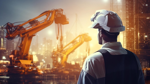 Photo engineer in a hard hat against the background of a robotic manipulator rear viewai generative