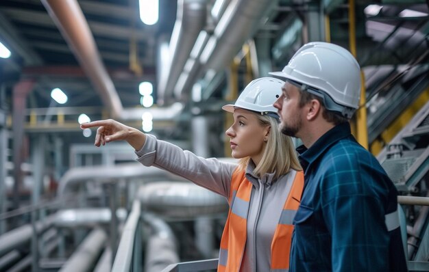 engineer in hard hat pointing at something