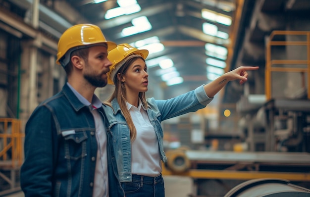 engineer in hard hat pointing at something