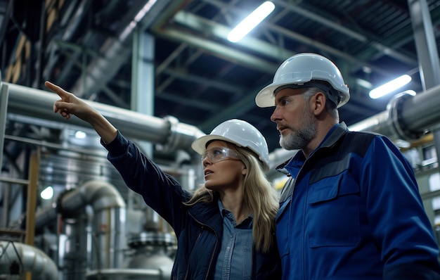 engineer in hard hat pointing at something