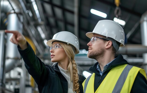 engineer in hard hat pointing at something