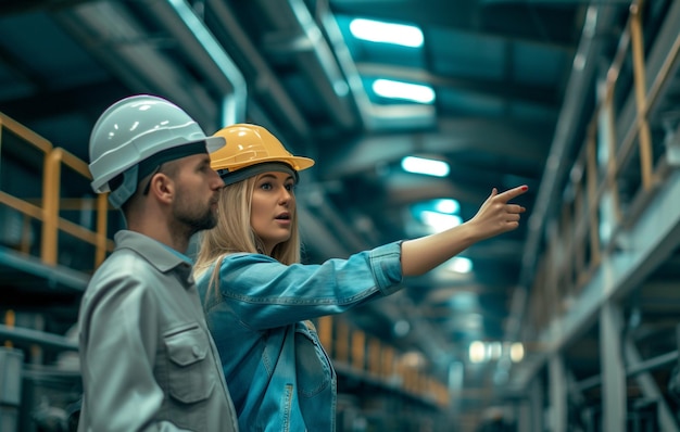 engineer in hard hat pointing at something