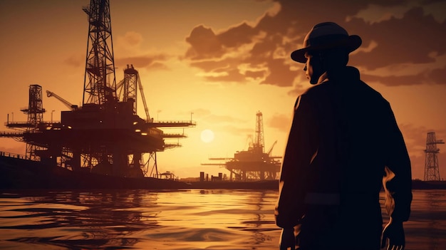 An engineer in a hard hat stands in front of an oilproducing industrial offshore AI generated