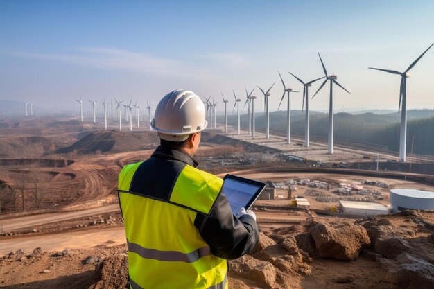 Engineer in hard hat using digital tablet inspects row of wind turbines with safety gear