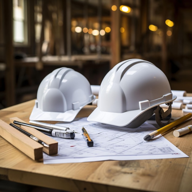 Photo engineer hard hat with pencil on laying plans on wood table