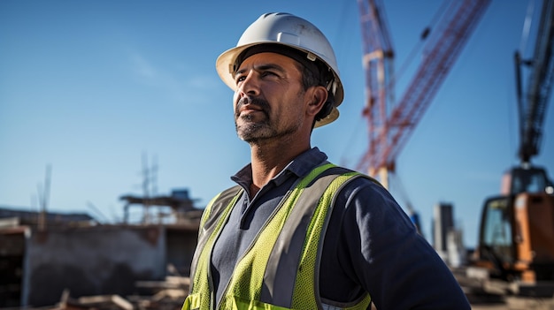 Engineer in a helmet on the background of the building