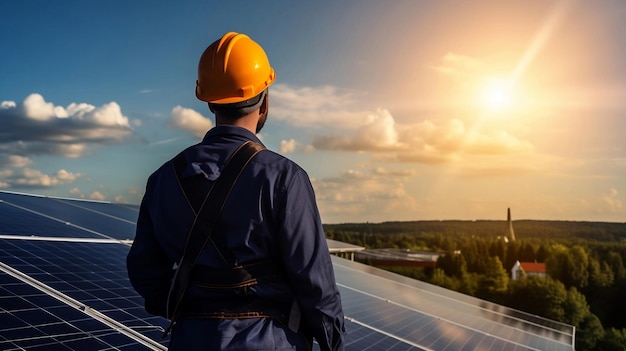 Foto ingegnere in un casco sullo sfondo dei pannelli fotovoltaici