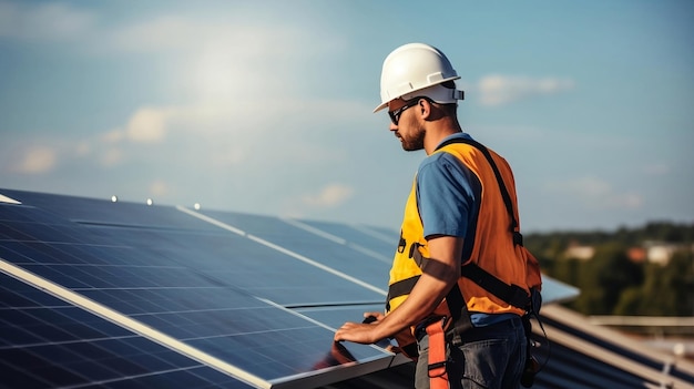 Engineer in helmet and uniform working on photovoltaic panels