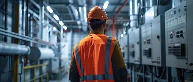 An engineer in a high visibility vest is inspecting electrical equipment