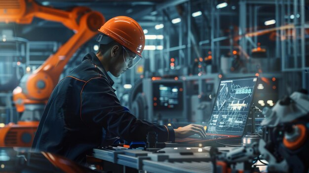 Инженер в высокотехнологичной производственной среде программирует или управляет передовыми автоматизированными машинами с использованием цифрового интерфейса
