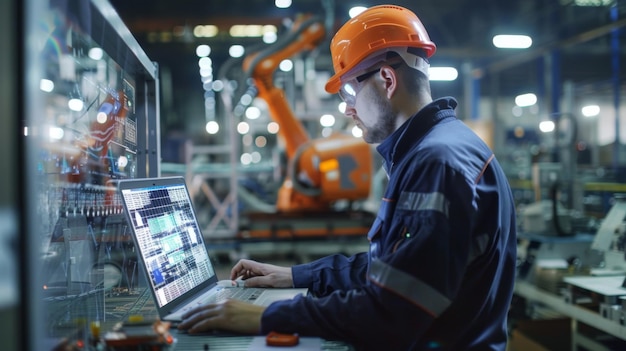an engineer in a hightech manufacturing setting is programming or operating advanced automated machinery using a digital interface